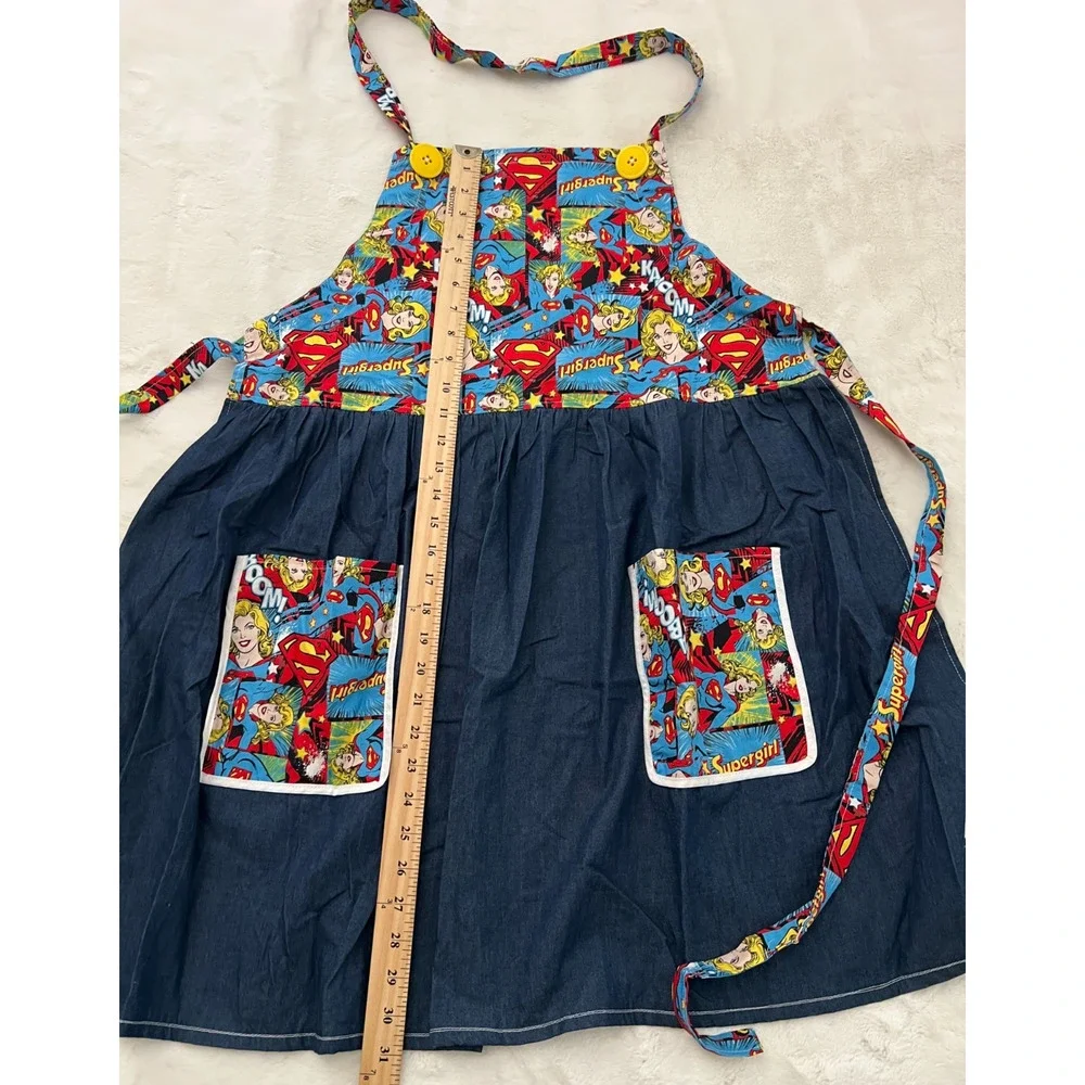 Supergirl Womens Apron Comic Print Denim Blue Handmade Kitchen Cooking Pockets